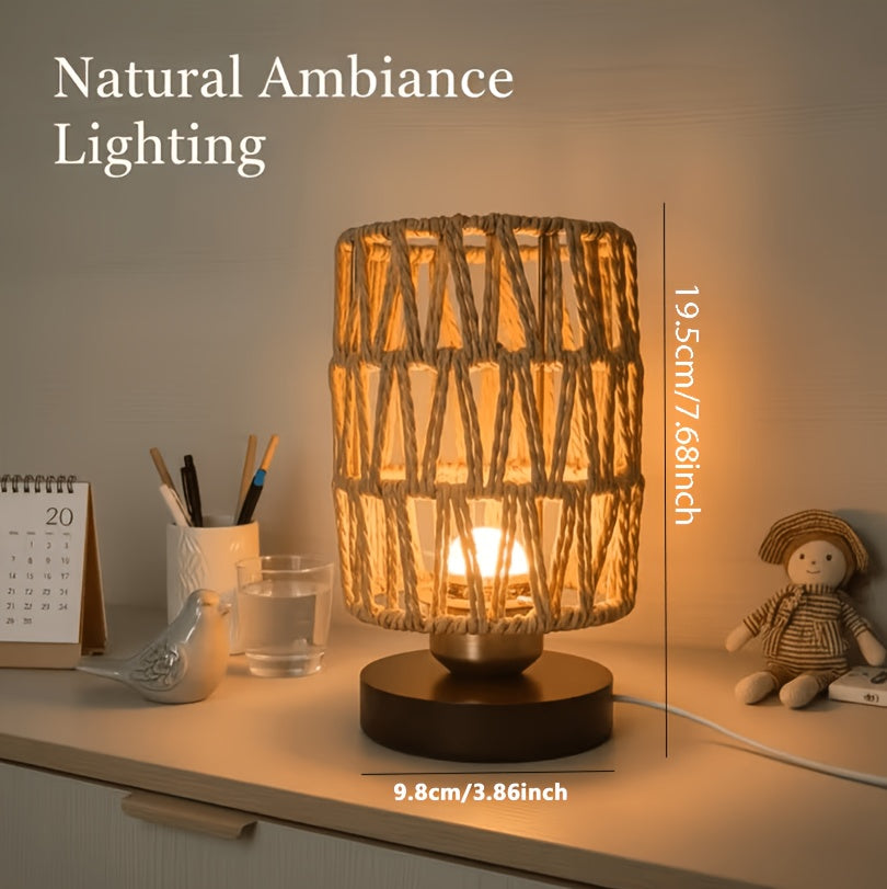 Lampe de chevet en corde naturelle tressée, socle noir, 19,5 cm