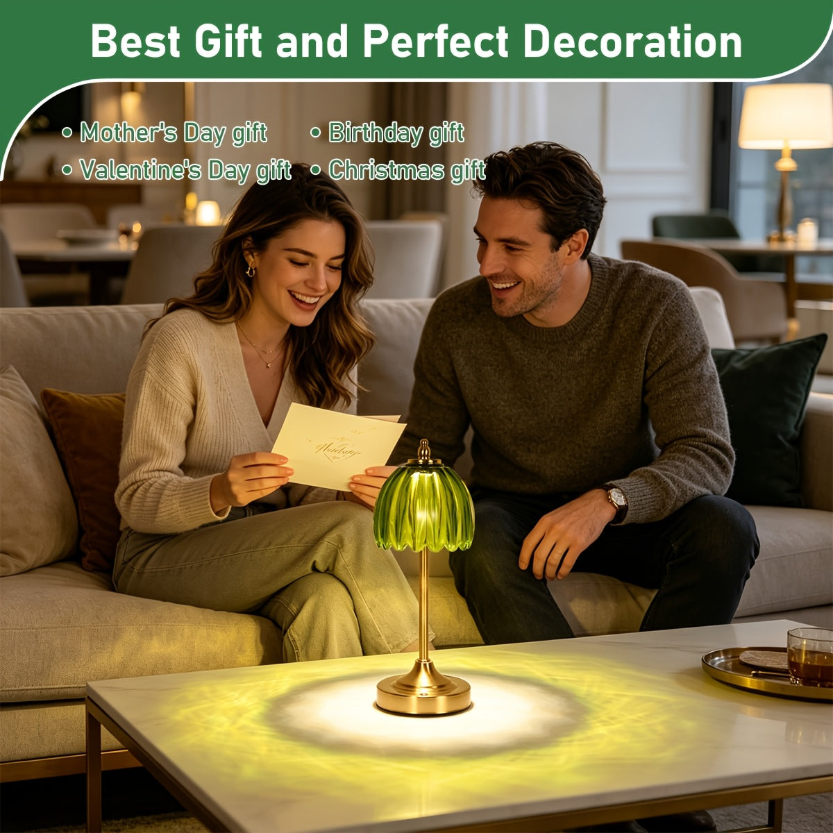 Lampe de chevet sans fil en verre nervuré vert ou orange, pied doré