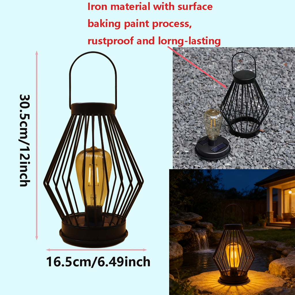 Lanterne solaire en fil de fer noir et ampoule effet Edison, 30,5 cm
