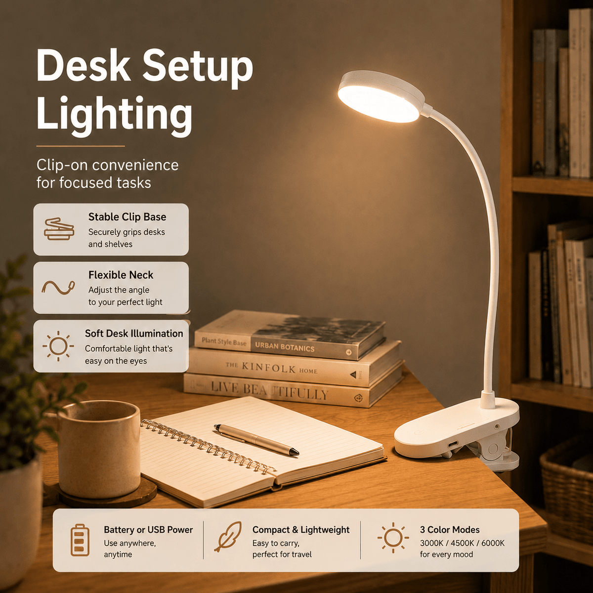 Lampe à pince à piles ou USB, tête ronde blanche de 8 cm