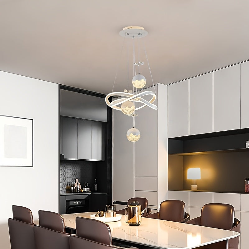 Lustre LED blanc à anneaux entrelacés et globes perlés, trois teintes
