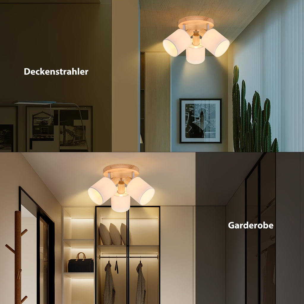 Plafonnier rond en bois à 3 abat-jour en lin orientables, E14