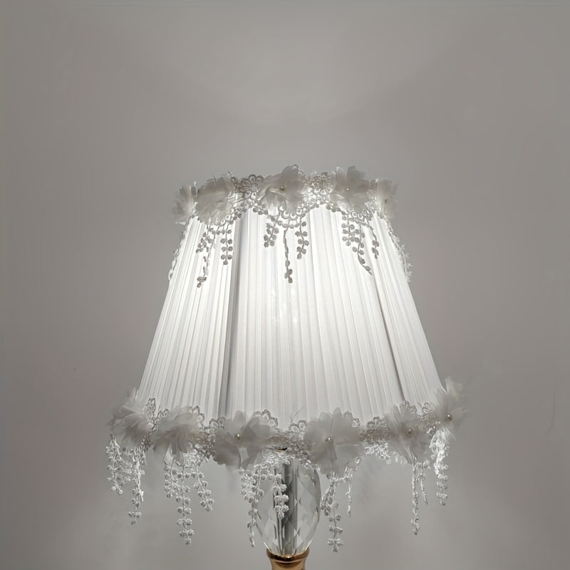 Abat-jour plissé à pampilles de dentelle et perles, blanc, Ø 26 cm