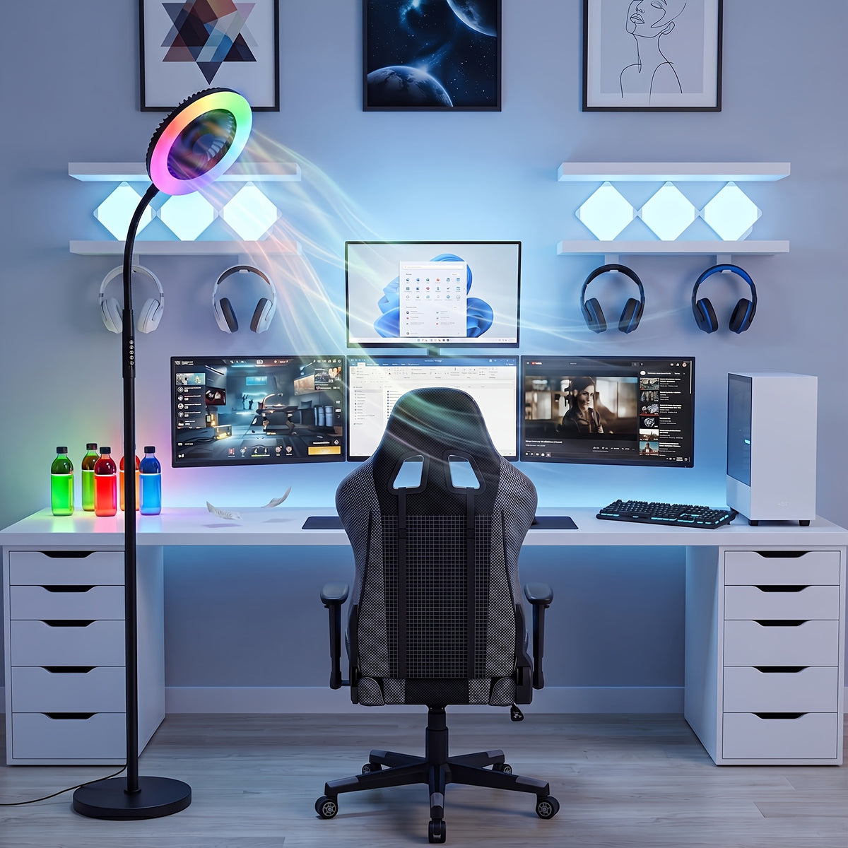 Lampadaire LED ventilateur 2 en 1 avec anneau RVB et télécommande