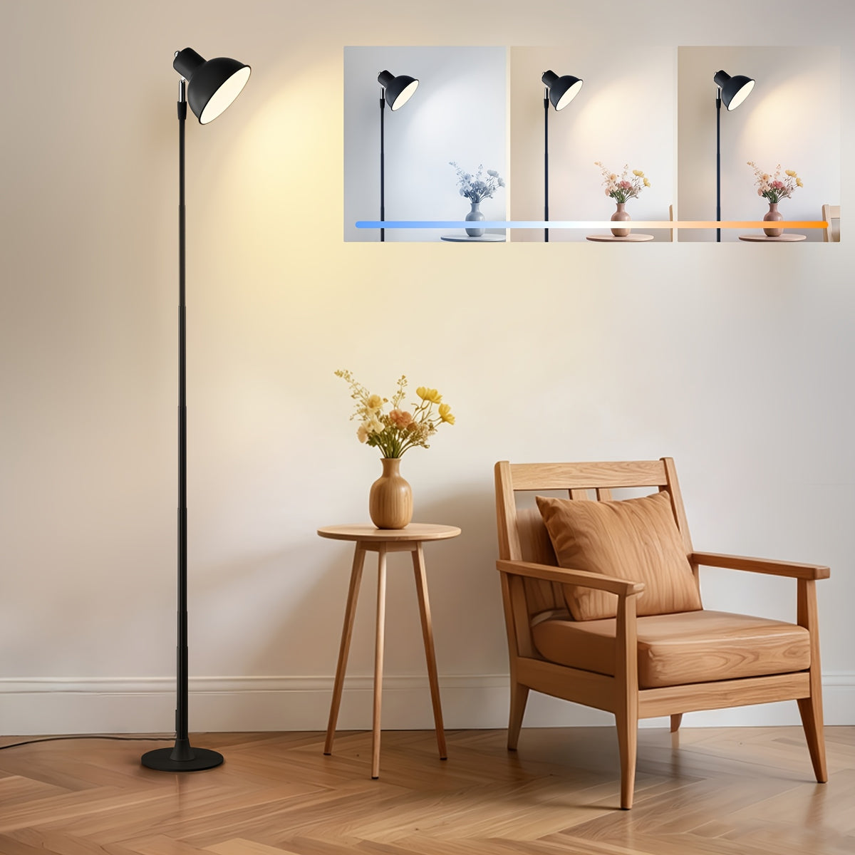 Lampe de sol LED noire orientable, hauteur réglable de 45 à 145 cm