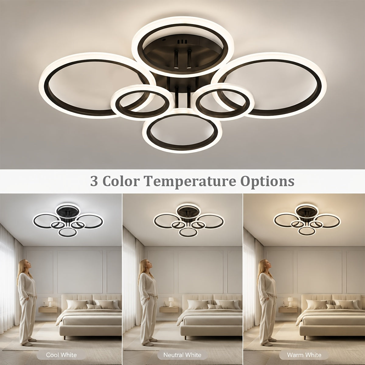 Grand plafonnier LED à 6 anneaux, doré ou noir, 79 cm, trois teintes