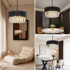 Lustre tambour noir et cristal K9, Ø 50 cm, douilles E14