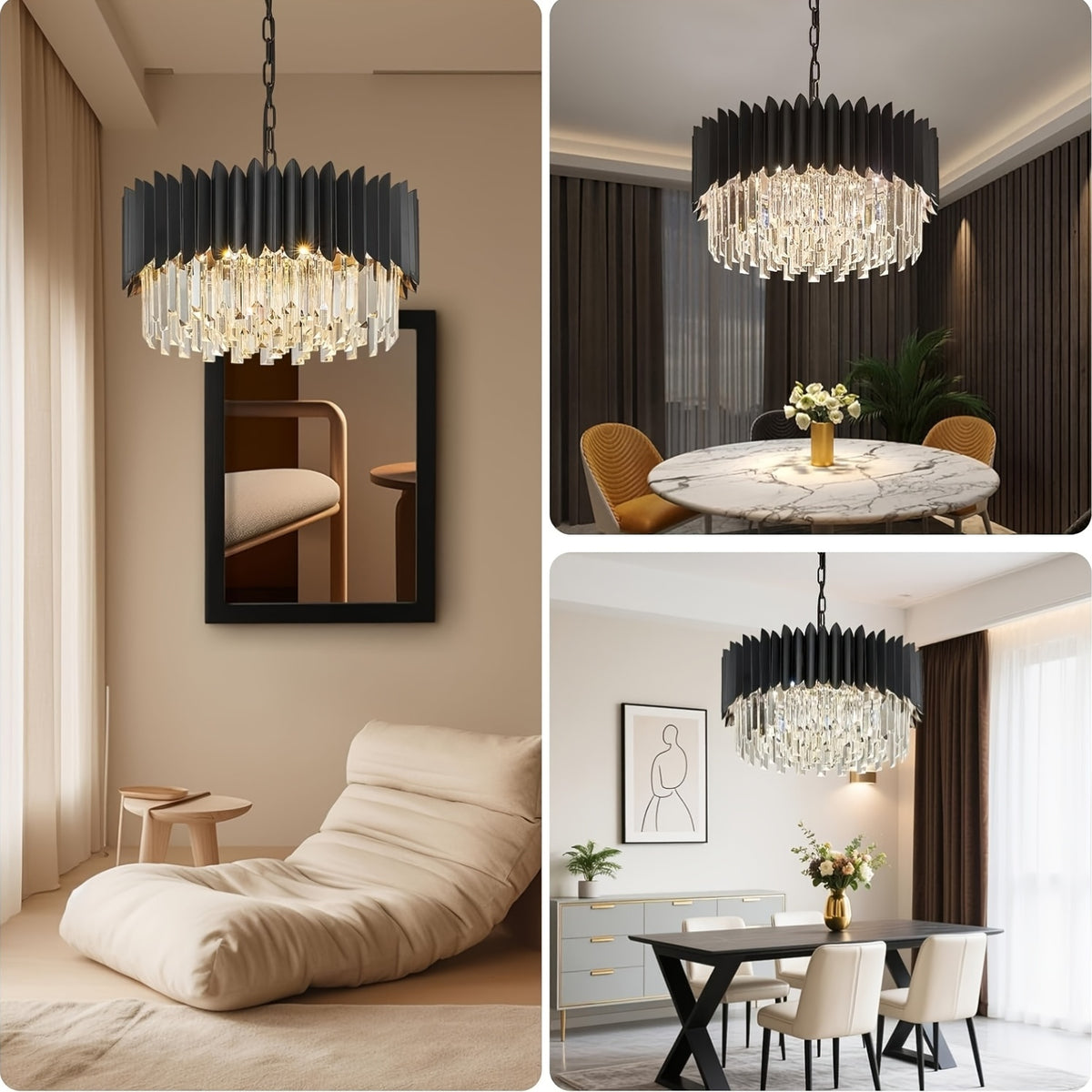 Lustre tambour noir et cristal K9, Ø 50 cm, douilles E14