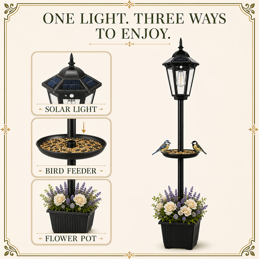 Lampadaire solaire de jardin avec mangeoire à oiseaux et pot