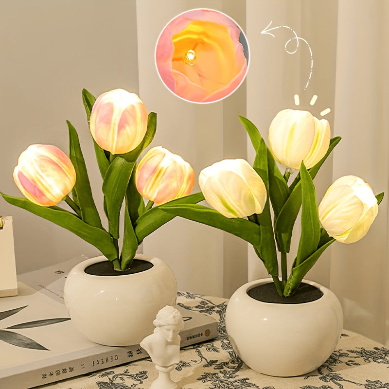 Lampe décorative bouquet de tulipes LED en pot céramique