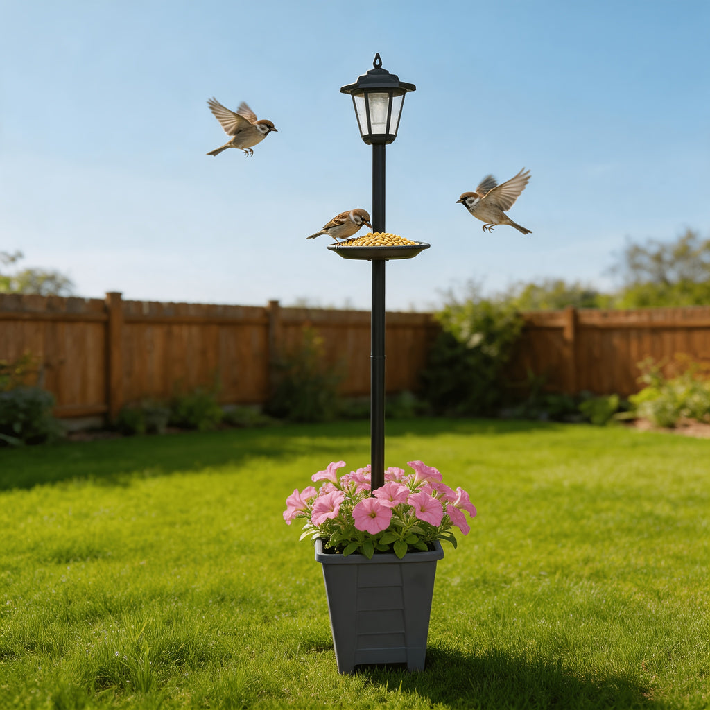 Lampadaire solaire à mangeoire et grand bac à fleurs gris, 150 cm