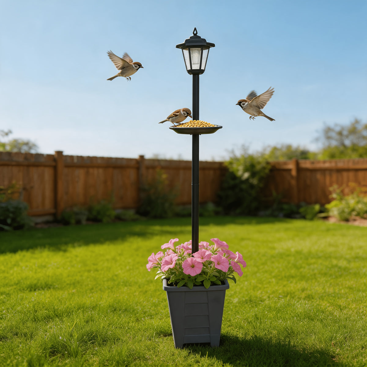 Lampadaire solaire à mangeoire et grand bac à fleurs gris, 150 cm