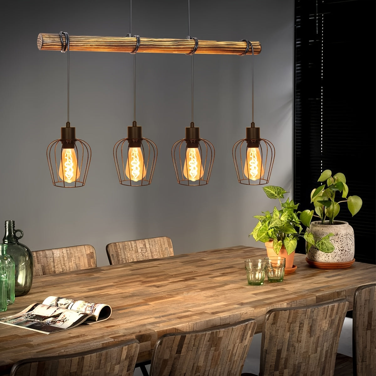 Suspension poutre en bois et 4 cages noires, style industriel, 80 cm