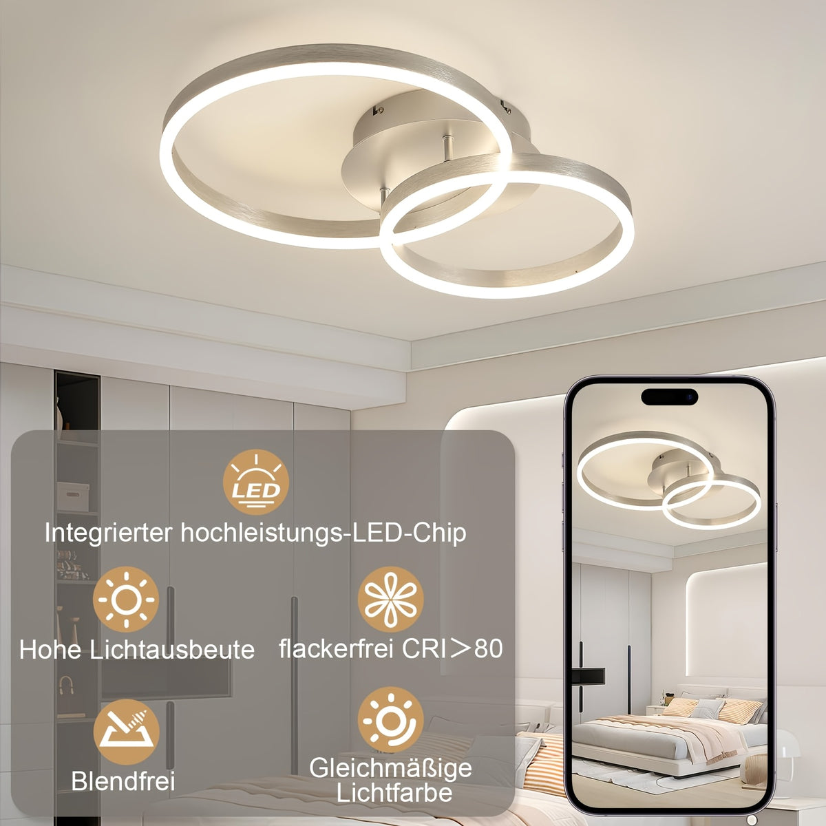 Plafonnier LED double anneau doré, noir ou argenté, variateur, 59 cm