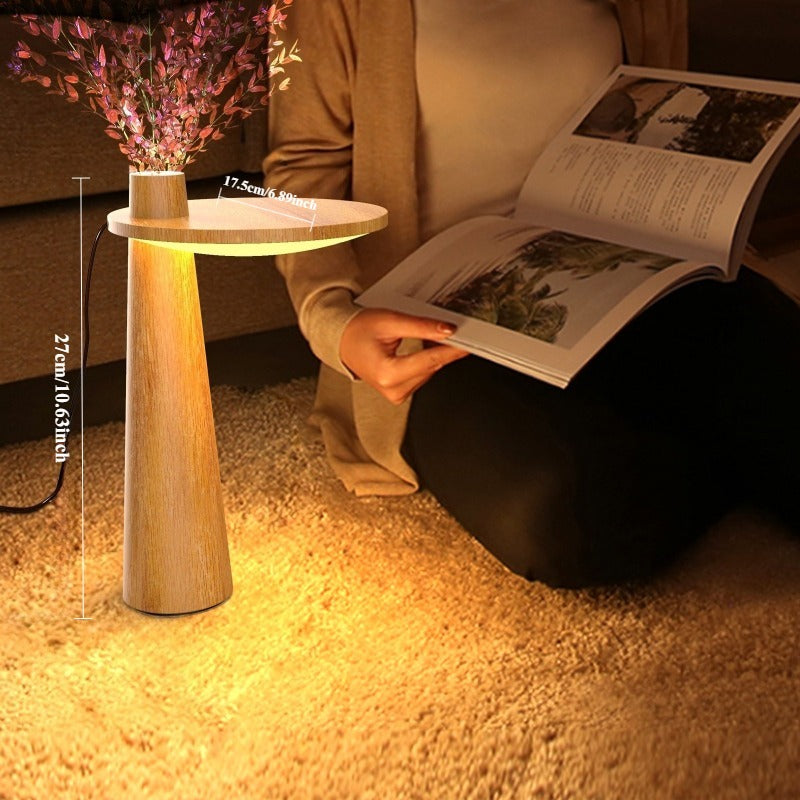 Lampe de chevet en bois à disque lumineux et soliflore intégré