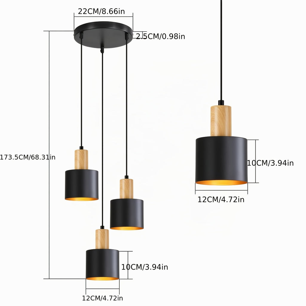 Suspension 3 abat-jour noirs à col effet bois, intérieur doré
