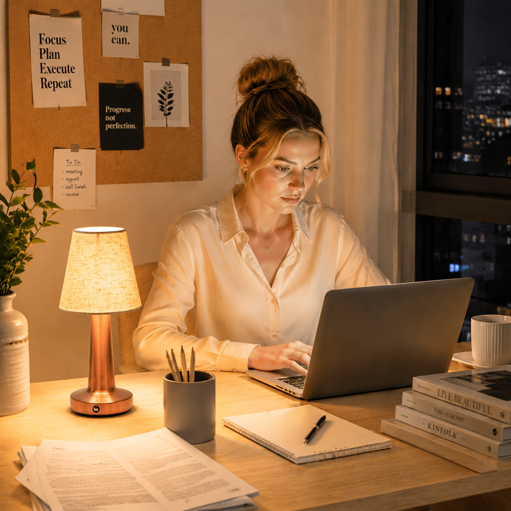 Lampe sans fil à abat-jour en tissu, pied cuivré, argenté ou doré