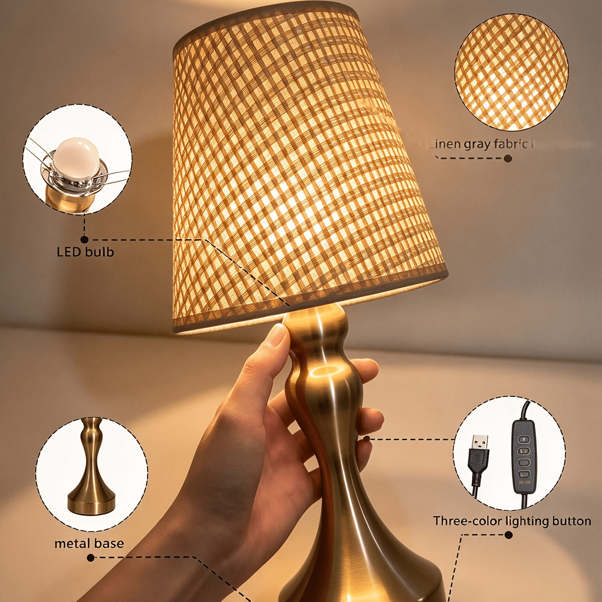 Lampe de chevet en rotin tressé, pied balustre doré et câble USB