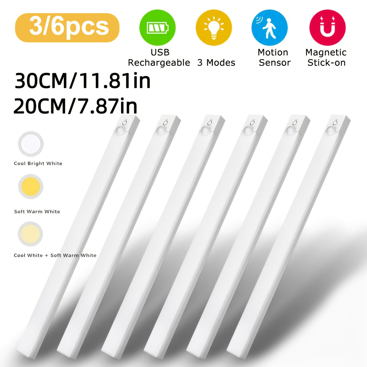 Barres LED à détecteur par 3 ou par 6, trois teintes et variateur