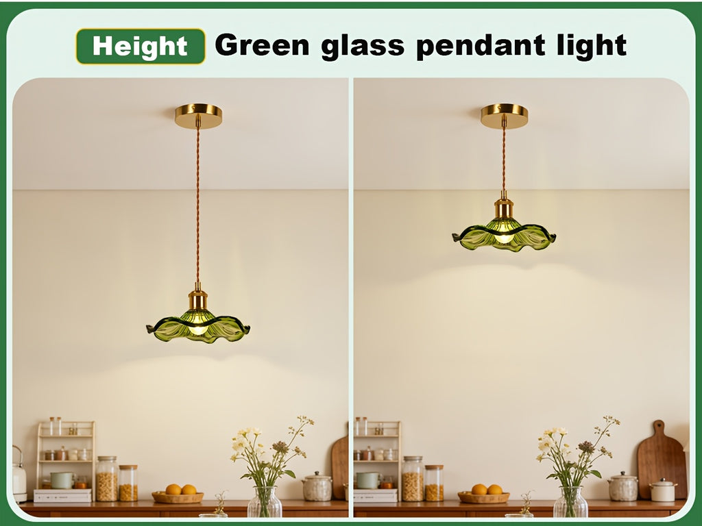 Suspension en verre vert feuille de lotus, douille dorée E27