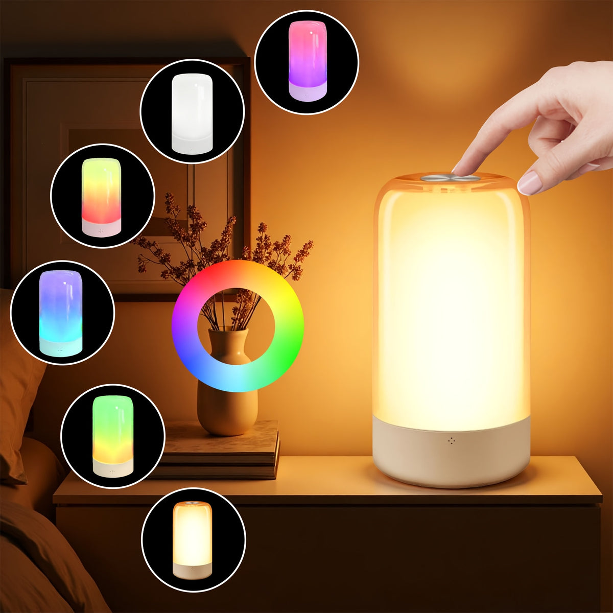 Lampe de chevet tactile RVB cylindrique, lumière d'ambiance USB