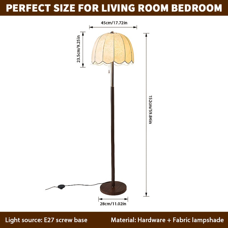 Lampadaire rétro à abat-jour festonné en tissu fleuri, 152 cm
