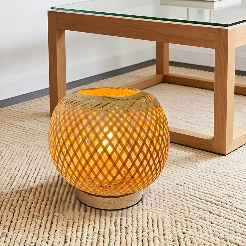 Lampe de chevet boule en bambou tressé, socle en bois, 18 cm