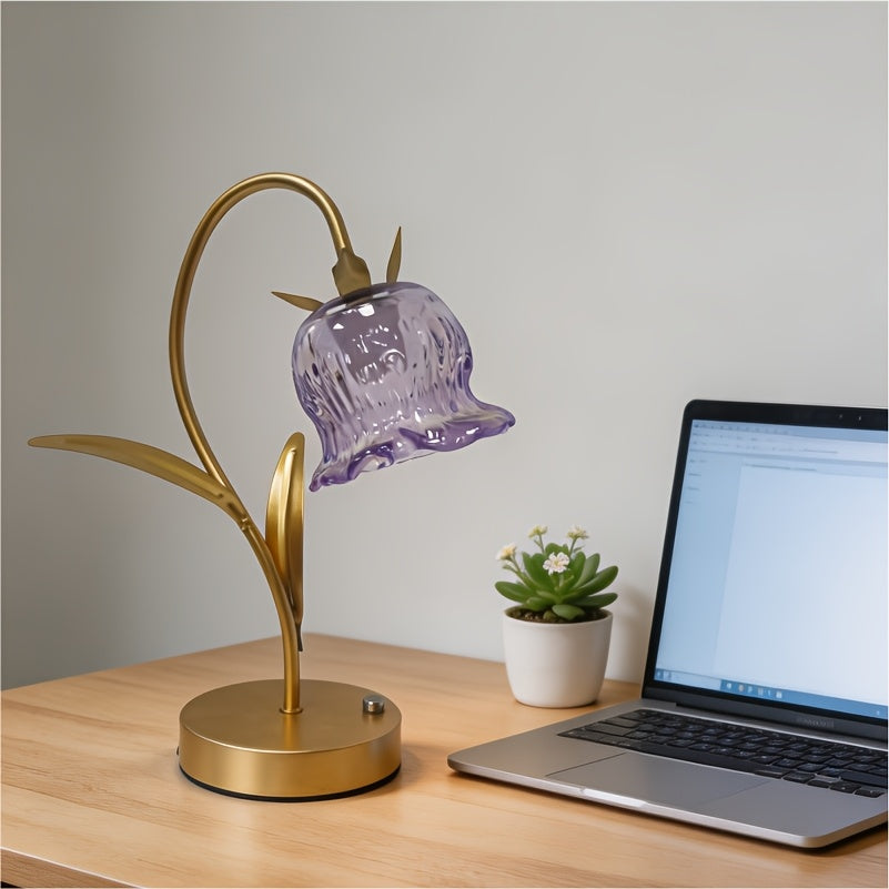 Lampe muguet en verre lilas sur tige dorée