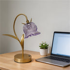 Lampe fleur de muguet sans fil, clochette en verre lilas et tige dorée