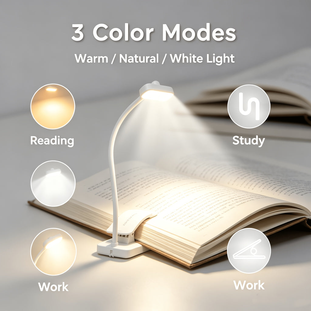Lampe de lecture pliante à pince blanche, 10 x 4 cm une fois repliée