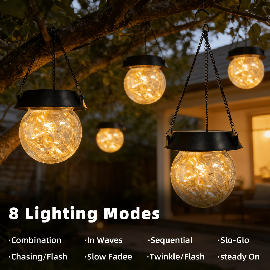 Suspension solaire boule craquelée à micro-LED et 8 jeux de lumière