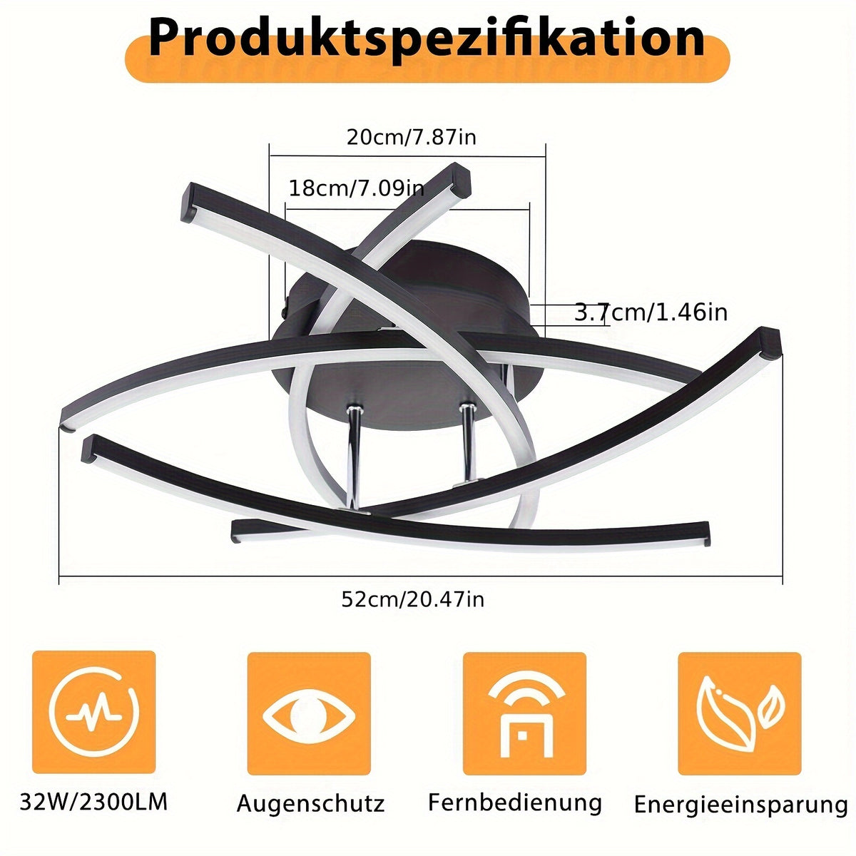 Plafonnier LED à arcs croisés 52 cm, noir ou blanc, télécommande