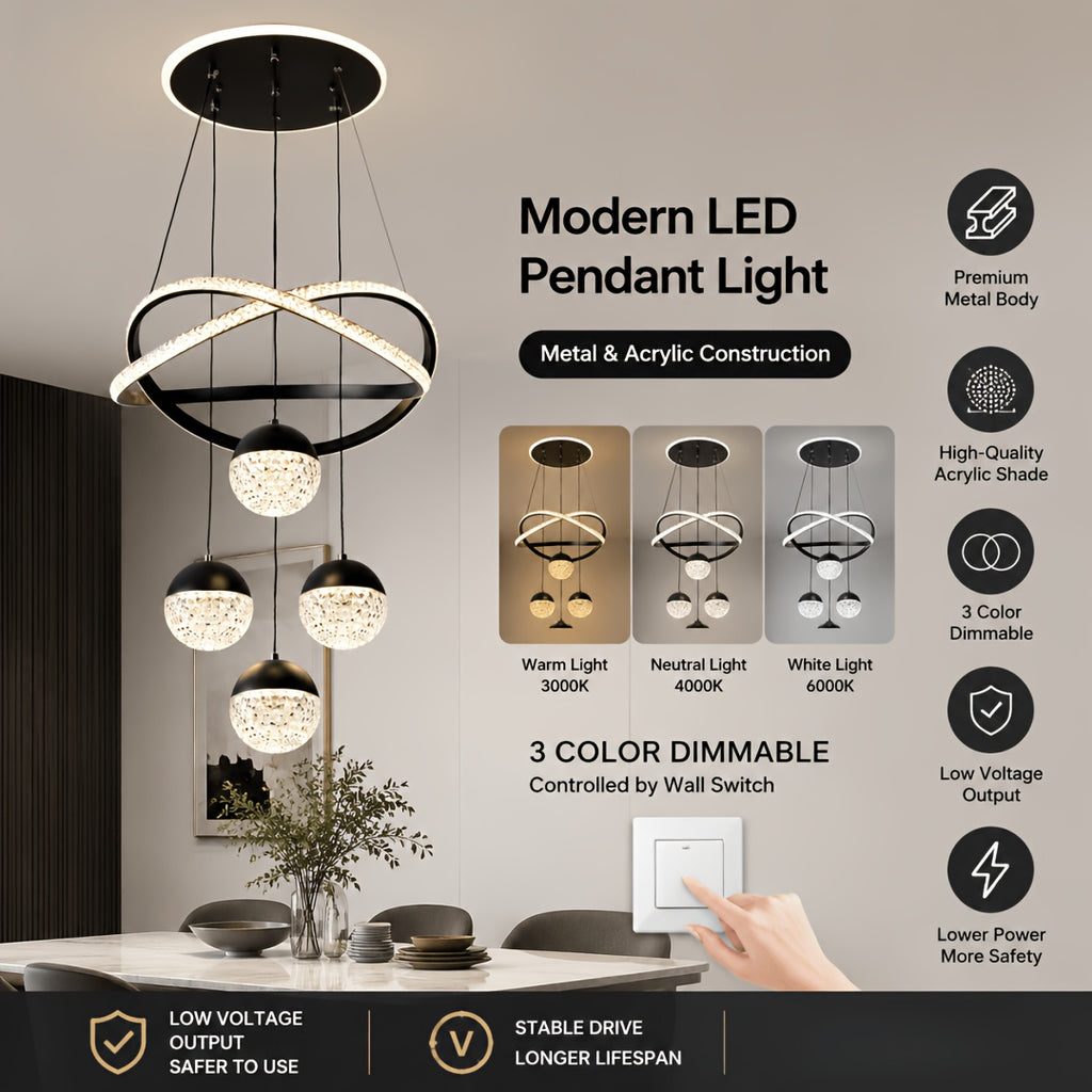 Lustre LED anneaux croisés et trois globes effet cristal, Ø 40 cm
