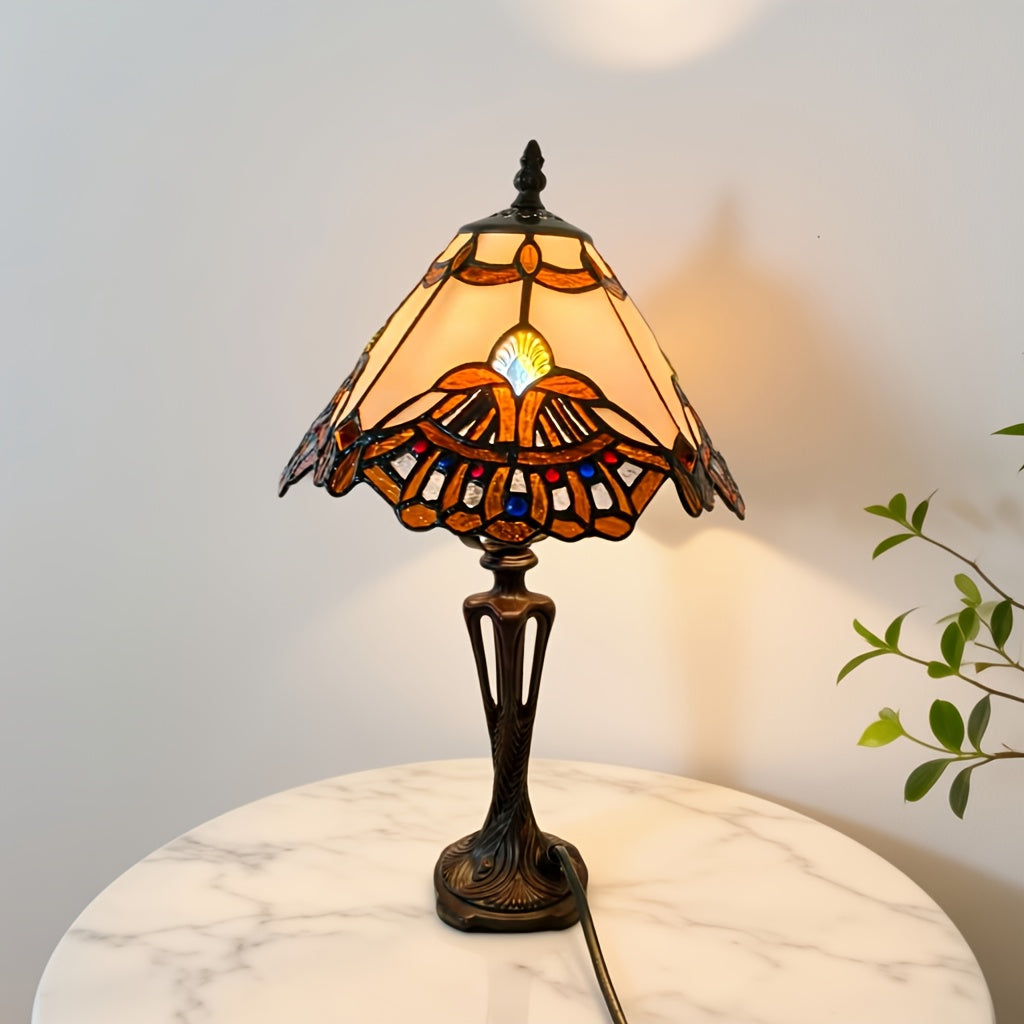 Lampe de table Tiffany en vitrail à éventails, pied ajouré, 42 cm