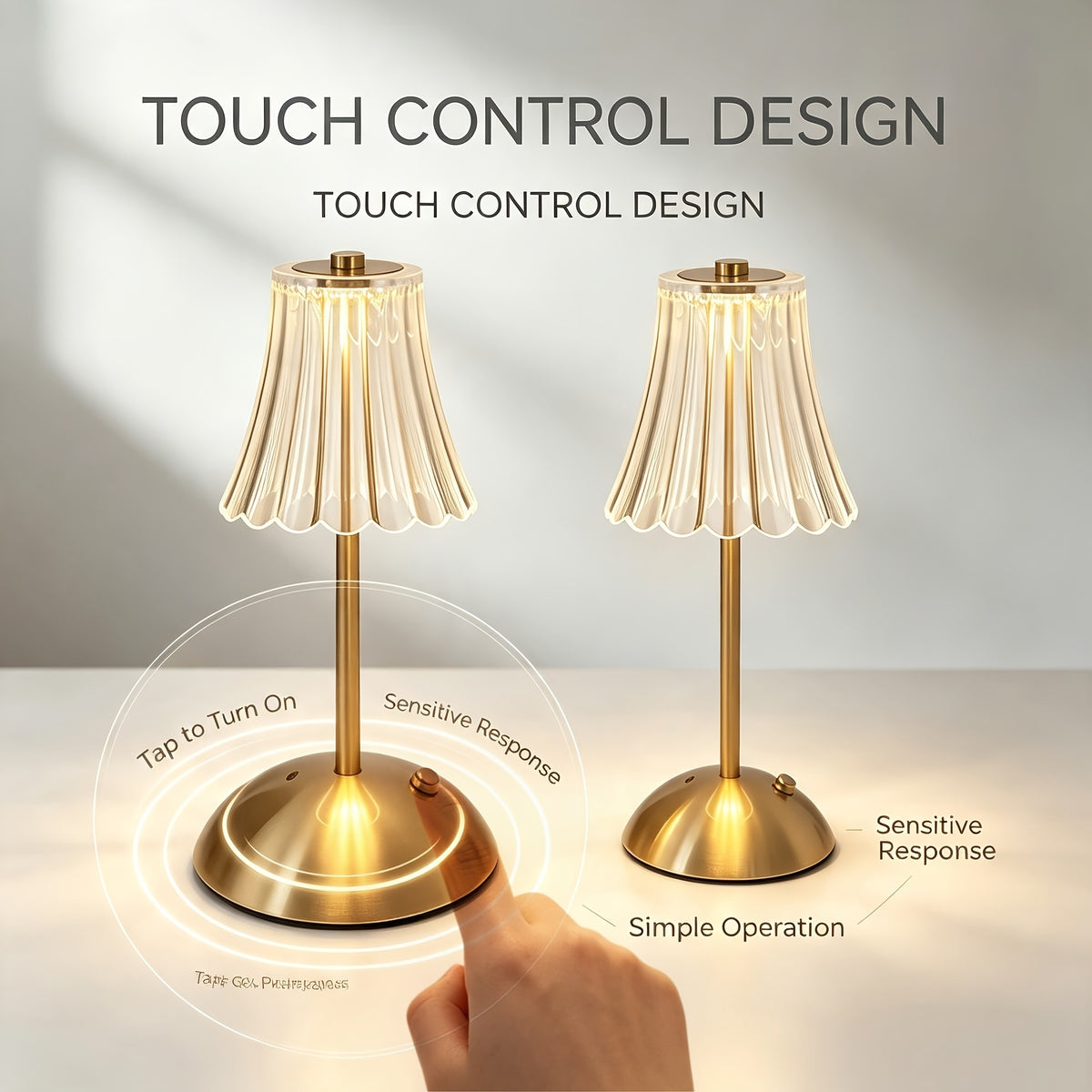 Lampe de chevet sans fil dorée, abat-jour cannelé transparent