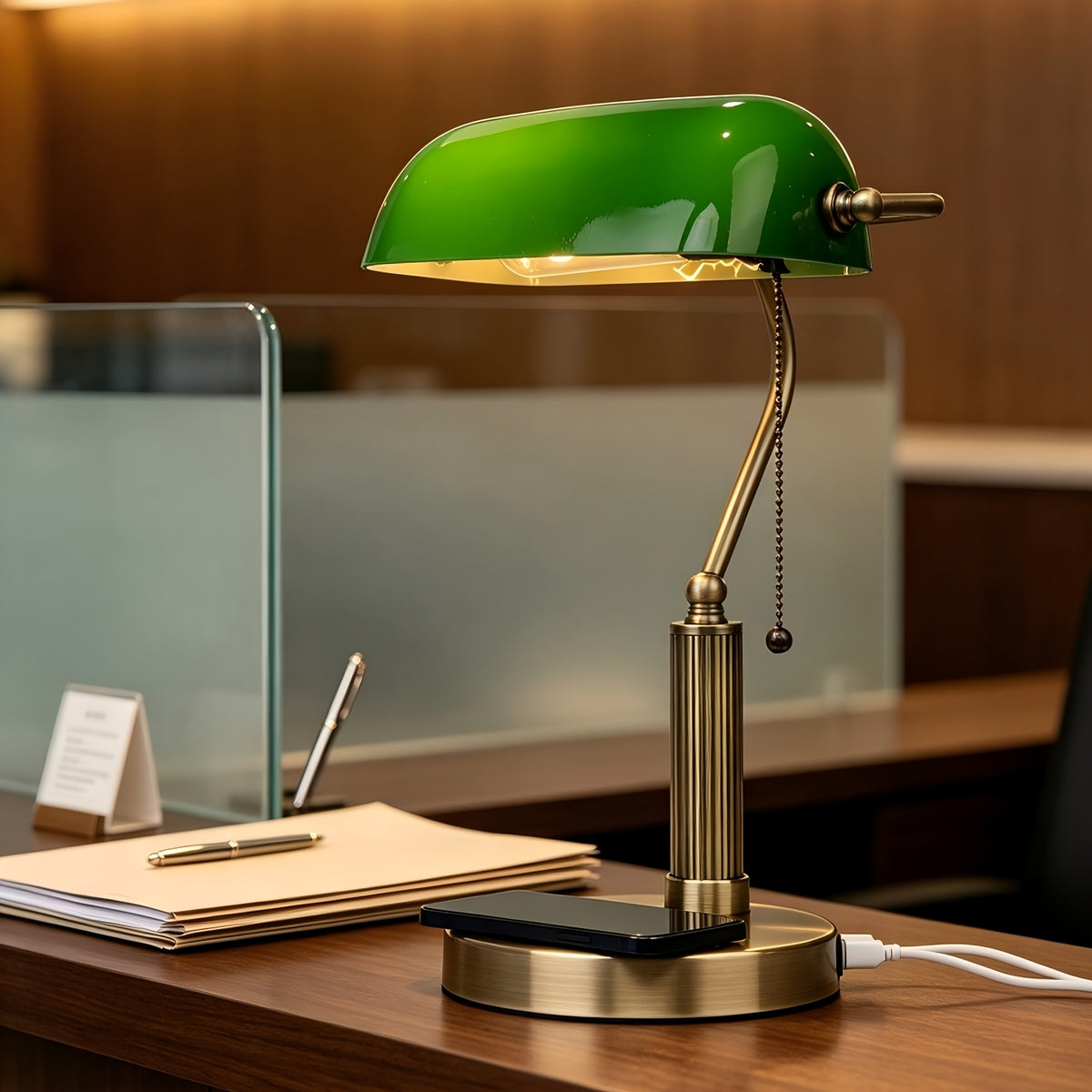 Lampe de banquier en verre vert, recharge sans fil et ports USB