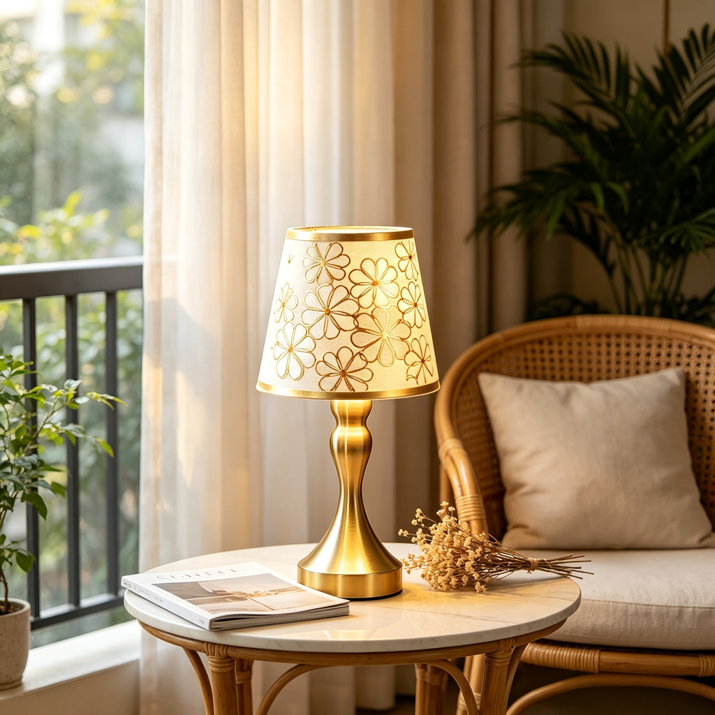 Lampe de chevet dorée à abat-jour fleuri, trois teintes de lumière