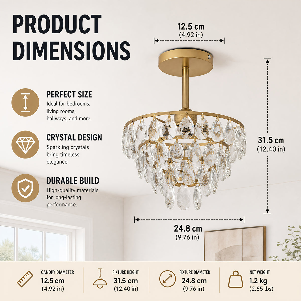 Lustre de cristal sur tige courte, doré ou noir, Ø 24,8 cm