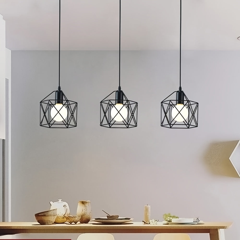 Suspension 3 cages noires sur barre de 50 cm, style industriel