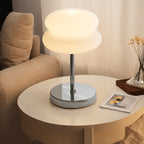 Lampe de chevet macaron blanche à double galet et pied chromé