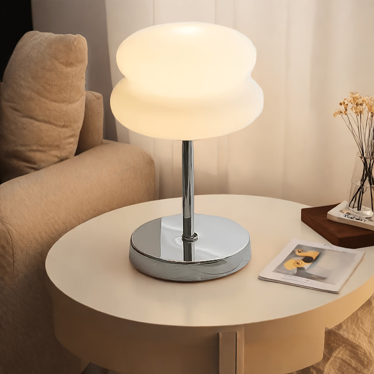 Lampe de chevet macaron blanche à double galet et pied chromé