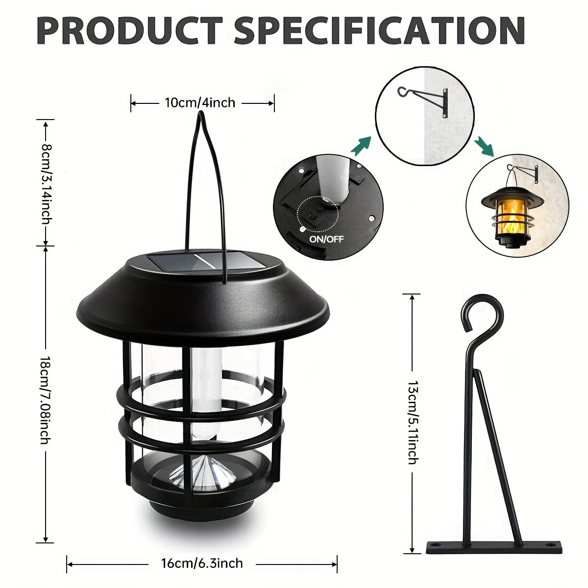 Suspension solaire noire effet flamme et potence murale, IP65