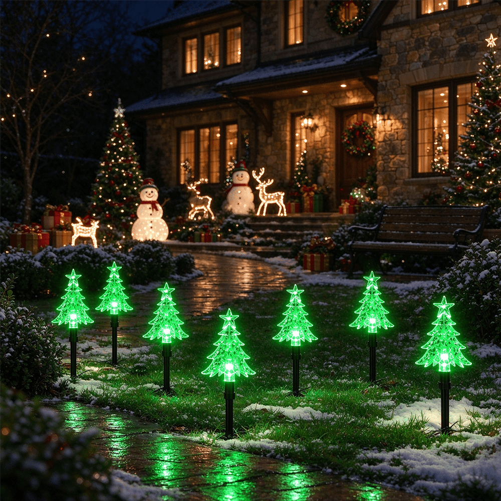 Lot de 10 sapins lumineux LED sur piquet, à piles, vert ou jaune
