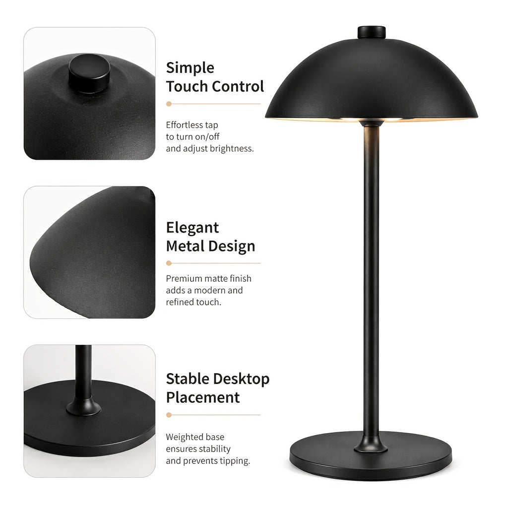 Lot de 4 lampes champignon noires sans fil en métal, tactiles