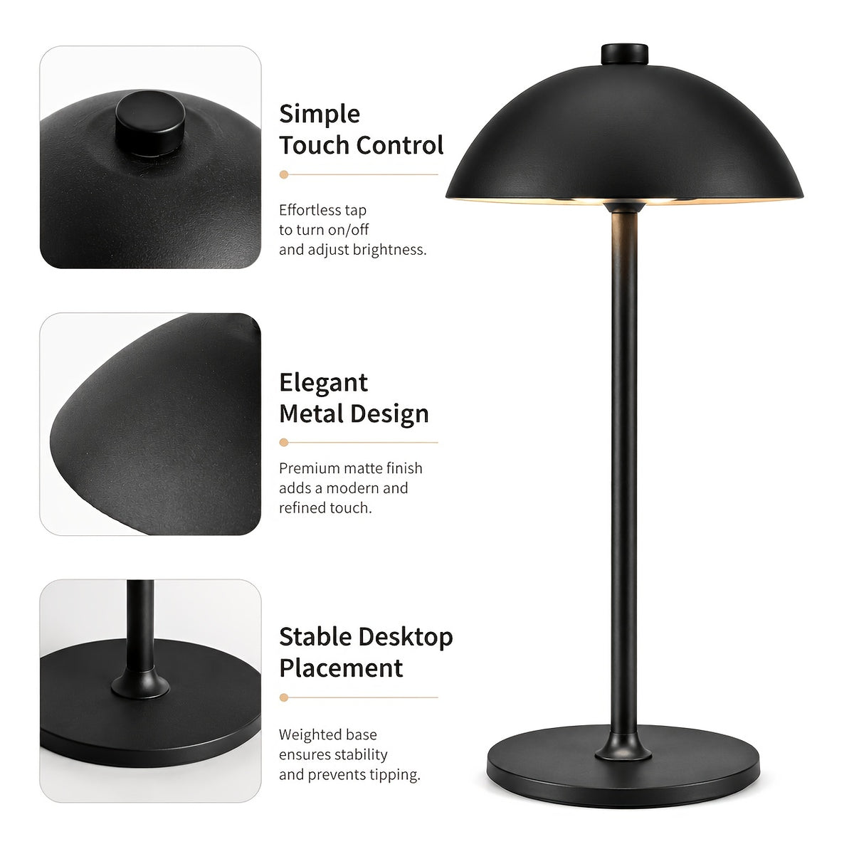 Lot de 4 lampes champignon noires sans fil en métal, tactiles
