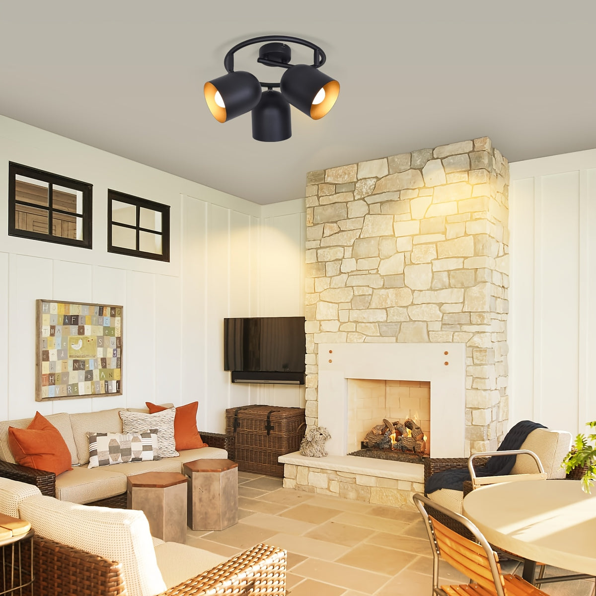 Plafonnier 3 spots noirs à intérieur doré, E14 orientables, 25 cm