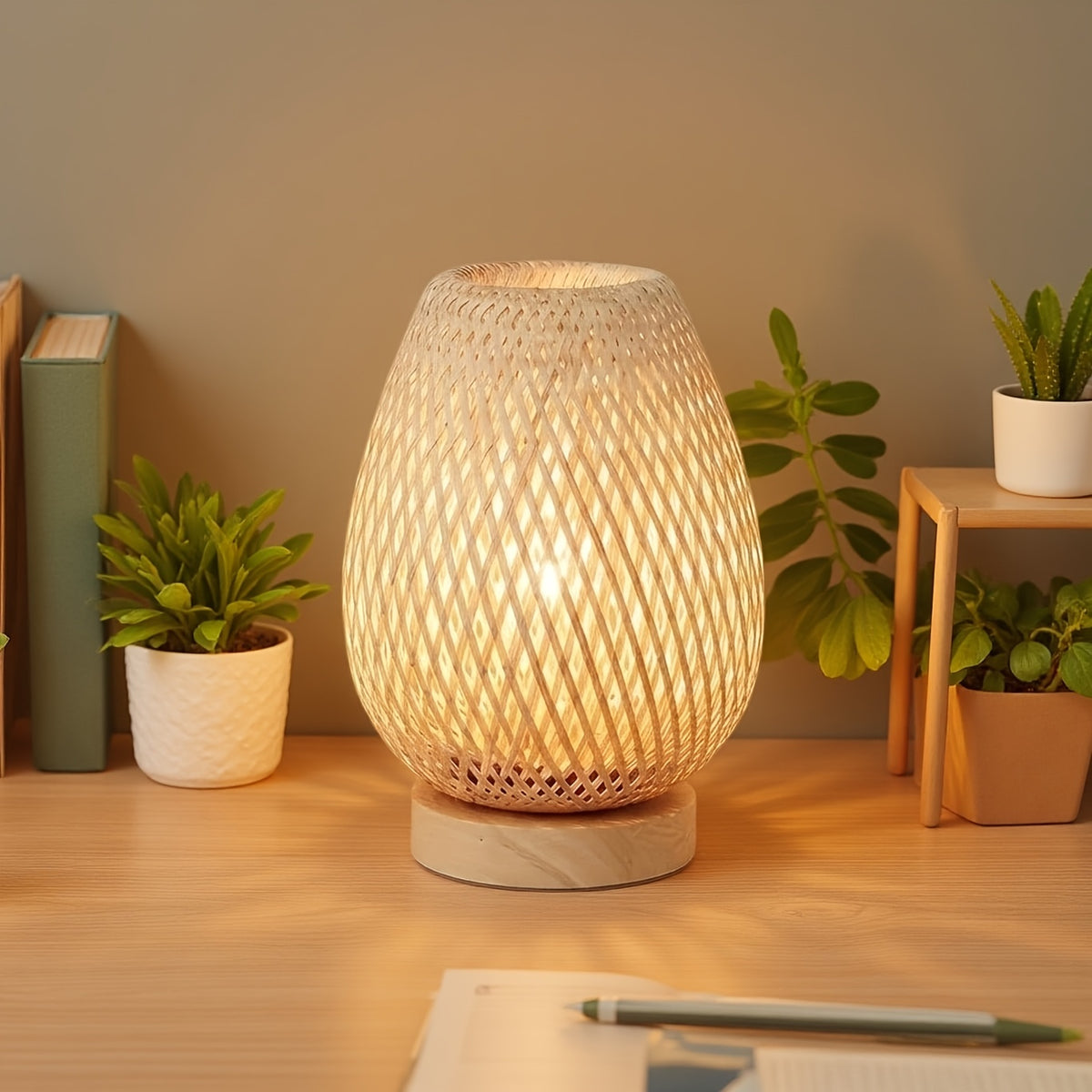 Lampe de chevet en rotin tressé forme œuf, socle bois et trois teintes