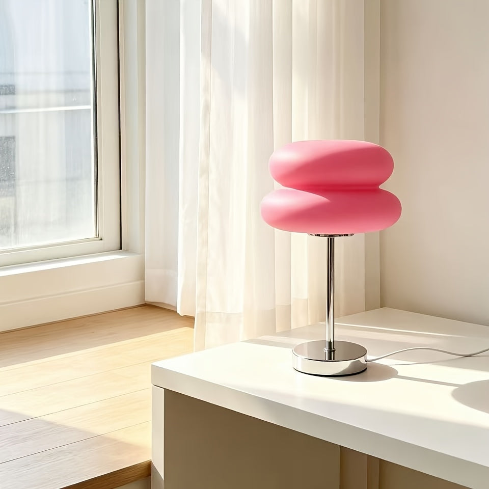 Lampe à poser rose en forme de macaron, pied chromé, 30 cm