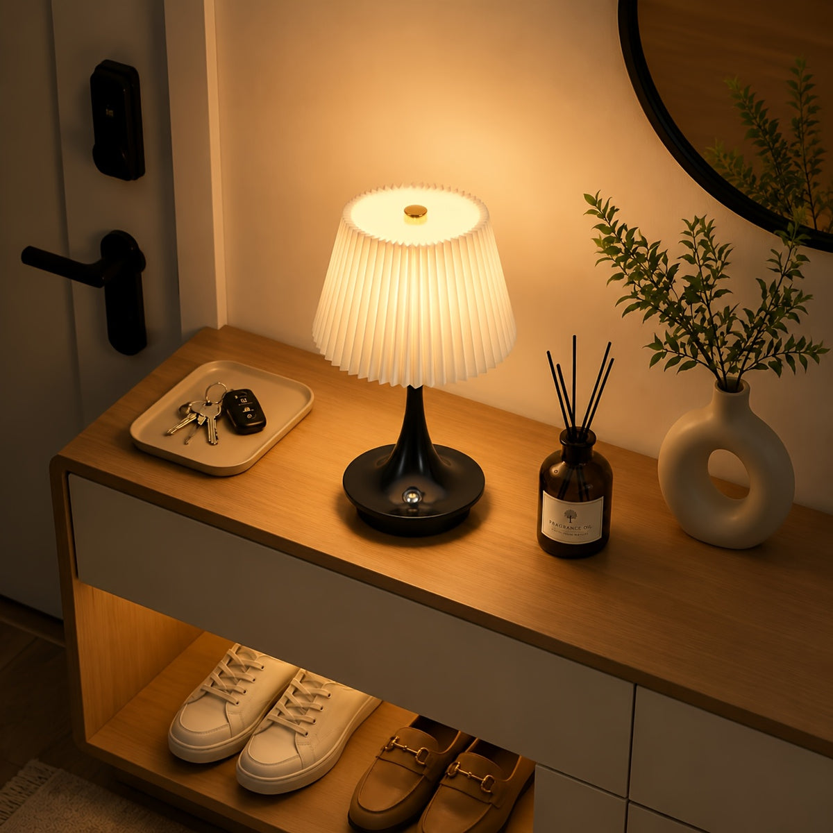 Lampe de chevet sans fil plissée sur pied trompette, 23 cm, 1800 mAh