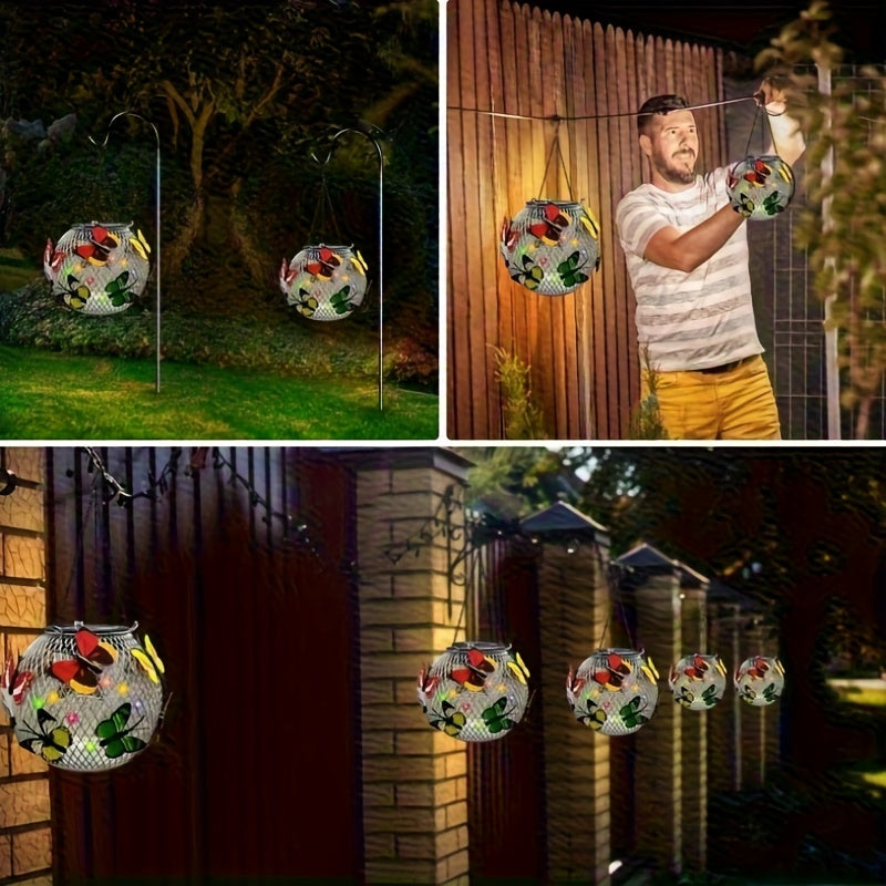 Suspension solaire boule grillagée aux papillons colorés, IP44